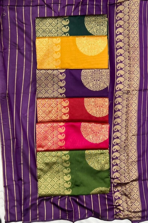Big Gold Coin Butti Banarasi Soft Silk Saree with Brocade Pallu in Six Festive Shades  in Surat