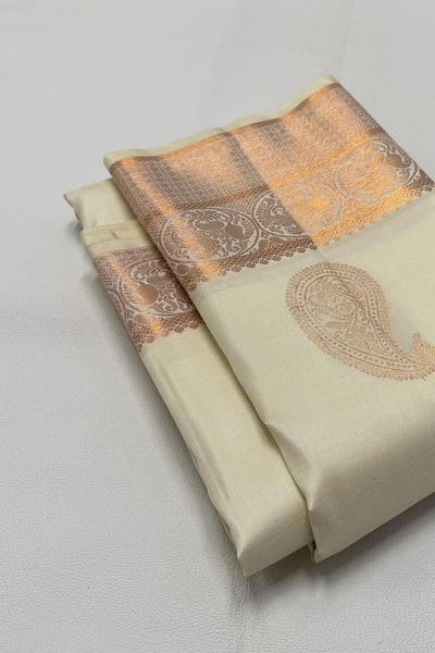 Big Paisley Butta Banarasi Soft Silk Saree with Copper Zari Border in Cream and Navy Blue in Surat