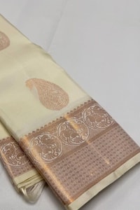 Big Paisley Butta Banarasi Soft Silk Saree with Copper Zari Border in Cream and Navy Blue  in Surat