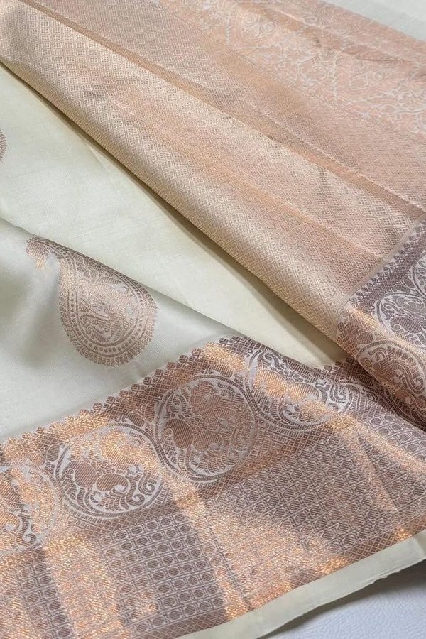 Big Paisley Butta Banarasi Soft Silk Saree with Copper Zari Border in Cream and Navy Blue  in Surat