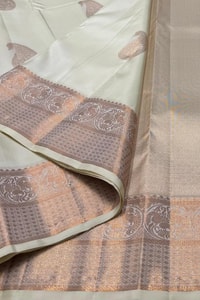 Big Paisley Butta Banarasi Soft Silk Saree with Copper Zari Border in Cream and Navy Blue  in Surat