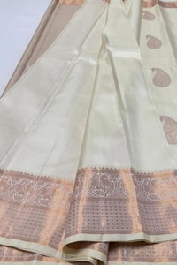 Big Paisley Butta Banarasi Soft Silk Saree with Copper Zari Border in Cream and Navy Blue  in Surat
