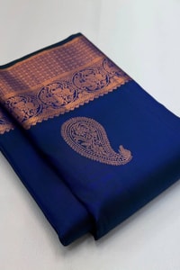 Big Paisley Butta Banarasi Soft Silk Saree with Copper Zari Border in Cream and Navy Blue  in Surat