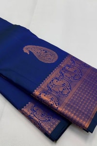 Big Paisley Butta Banarasi Soft Silk Saree with Copper Zari Border in Cream and Navy Blue  in Surat