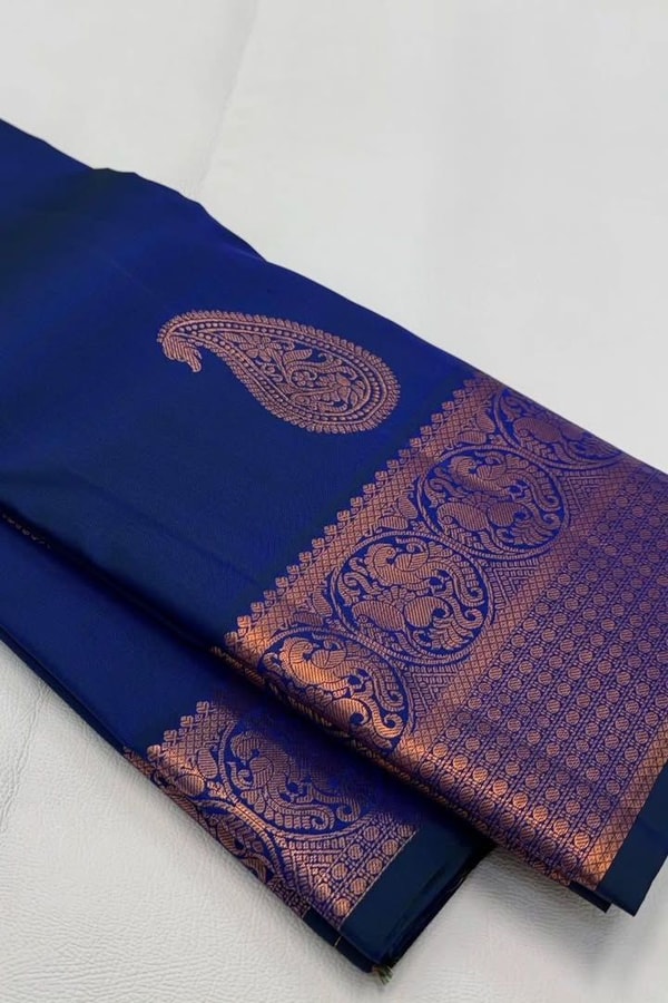 Big Paisley Butta Banarasi Soft Silk Saree with Copper Zari Border in Cream and Navy Blue  in Surat