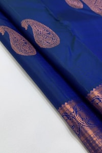 Big Paisley Butta Banarasi Soft Silk Saree with Copper Zari Border in Cream and Navy Blue  in Surat