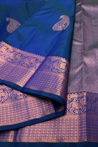 Big Paisley Butta Banarasi Soft Silk Saree with Copper Zari Border in Cream and Navy Blue  in Surat