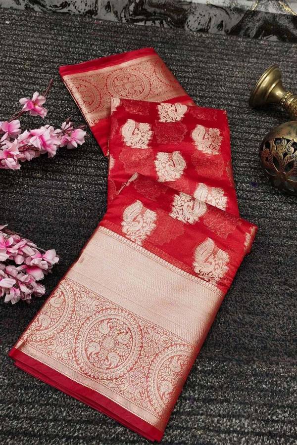 Big Zari Butta Border with Allover Zari Buti Weaving Organza  Light Weight Fabric Saree  in Surat