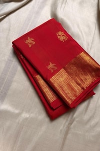 Bird Butta Banarasi Soft Silk Saree with Broad Gold Zari Border and Rich Pallu in Red and Wine  in Surat