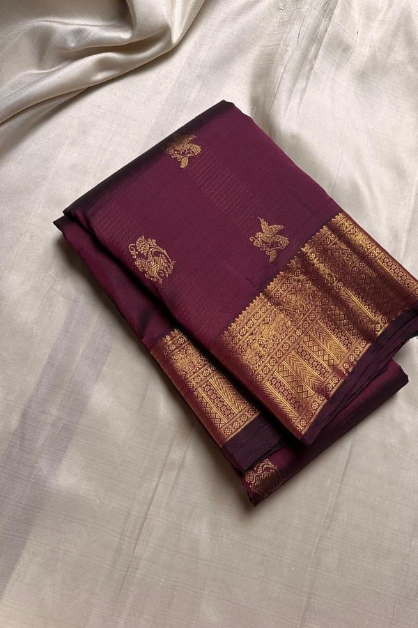 Bird Butta Banarasi Soft Silk Saree with Broad Gold Zari Border and Rich Pallu in Red and Wine  in Surat