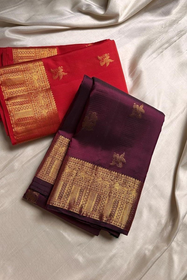 Bird Butta Banarasi Soft Silk Saree with Broad Gold Zari Border and Rich Pallu in Red and Wine  in Surat
