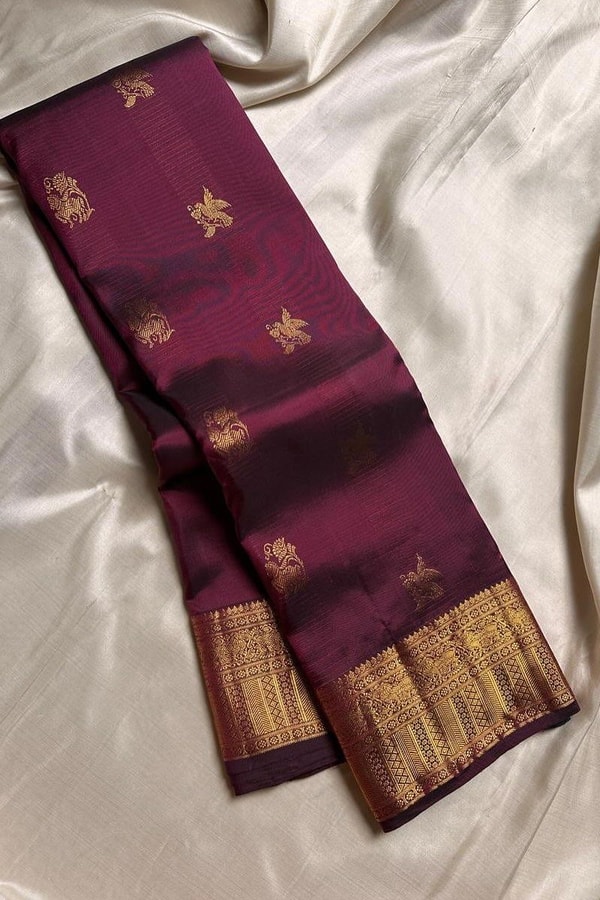 Bird Butta Banarasi Soft Silk Saree with Broad Gold Zari Border and Rich Pallu in Red and Wine  in Surat