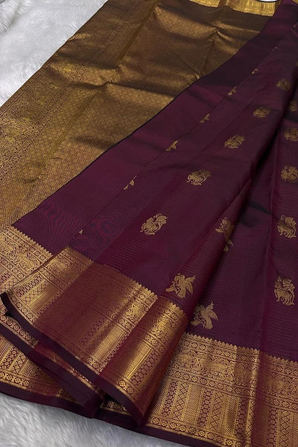 Bird Butta Banarasi Soft Silk Saree with Broad Gold Zari Border and Rich Pallu in Red and Wine  in Surat