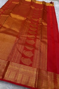 Bird Butta Banarasi Soft Silk Saree with Broad Gold Zari Border and Rich Pallu in Red and Wine  in Surat