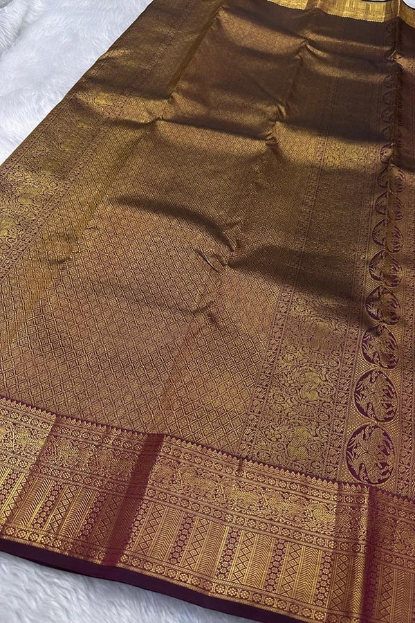 Bird Butta Banarasi Soft Silk Saree with Broad Gold Zari Border and Rich Pallu in Red and Wine  in Surat