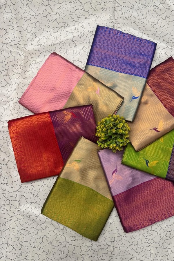 Bird Motif Zari Butta Saree with Contrast Pallu in Seven Two-Tone Festive Colourways  in Surat