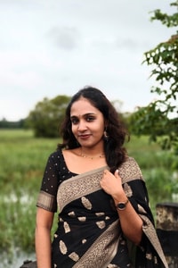 Black Banarasi Soft Silk Saree with Beige-Gold Zari Leaf Buttas and Wide Woven Border  in Surat