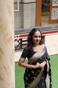 Black Banarasi Soft Silk Saree with Beige-Gold Zari Leaf Buttas and Wide Woven Border  in Surat