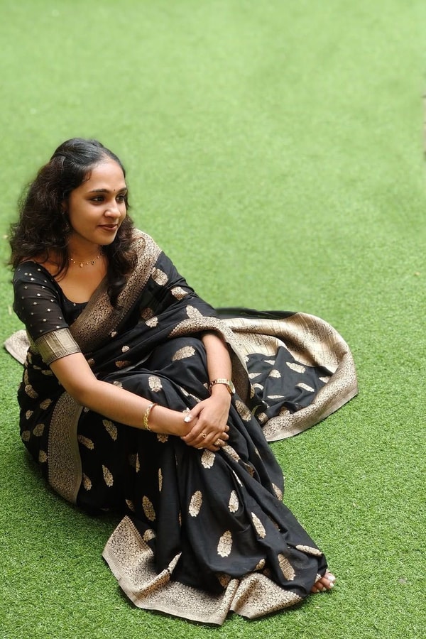 Black Banarasi Soft Silk Saree with Beige-Gold Zari Leaf Buttas and Wide Woven Border  in Surat