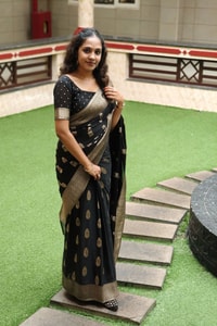 Black Banarasi Soft Silk Saree with Beige-Gold Zari Leaf Buttas and Wide Woven Border  in Surat