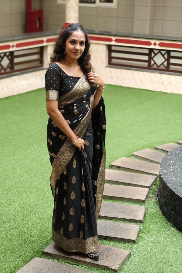 Black Banarasi Soft Silk Saree with Beige-Gold Zari Leaf Buttas and Wide Woven Border  in Surat