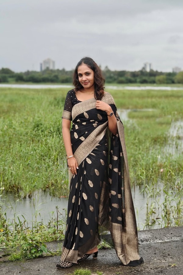 Black Banarasi Soft Silk Saree with Beige-Gold Zari Leaf Buttas and Wide Woven Border  in Surat