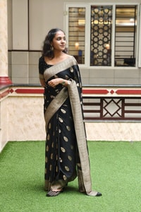 Black Banarasi Soft Silk Saree with Beige-Gold Zari Leaf Buttas and Wide Woven Border  in Surat