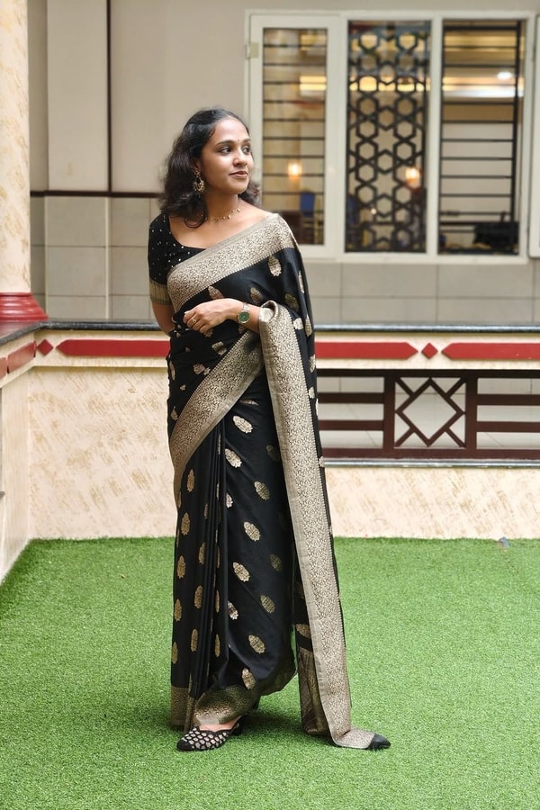 Black Banarasi Soft Silk Saree with Beige-Gold Zari Leaf Buttas and Wide Woven Border  in Surat