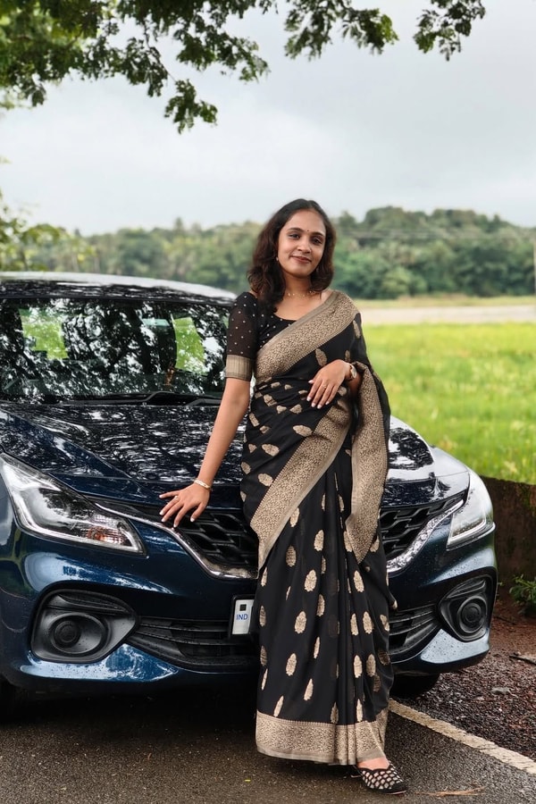 Black Banarasi Soft Silk Saree with Beige-Gold Zari Leaf Buttas and Wide Woven Border  in Surat