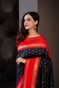 Black Banarasi Soft Silk Saree with Bold Red Zari Border and Contrast Red Pallu  in Surat