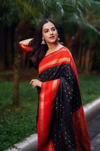 Black Banarasi Soft Silk Saree with Bold Red Zari Border and Contrast Red Pallu  in Surat