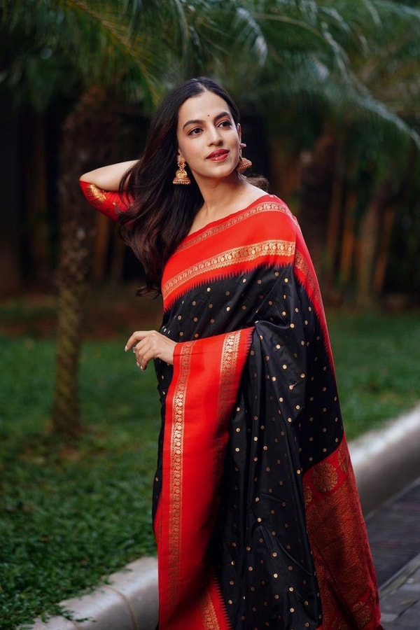 Black Banarasi Soft Silk Saree with Bold Red Zari Border and Contrast Red Pallu  in Surat