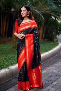 Black Banarasi Soft Silk Saree with Bold Red Zari Border and Contrast Red Pallu  in Surat