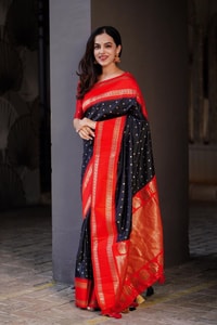 Black Banarasi Soft Silk Saree with Bold Red Zari Border and Contrast Red Pallu  in Surat
