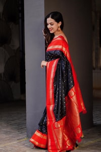 Black Banarasi Soft Silk Saree with Bold Red Zari Border and Contrast Red Pallu  in Surat