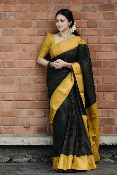 Black Banarasi Soft Silk Saree with Broad Mustard Yellow Border and Gold Zari Pallu in Surat