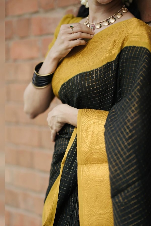 Black Banarasi Soft Silk Saree with Broad Mustard Yellow Border and Gold Zari Pallu  in Surat
