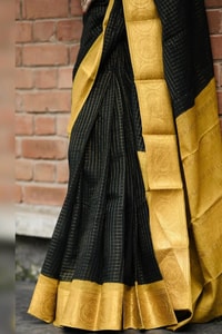 Black Banarasi Soft Silk Saree with Broad Mustard Yellow Border and Gold Zari Pallu  in Surat
