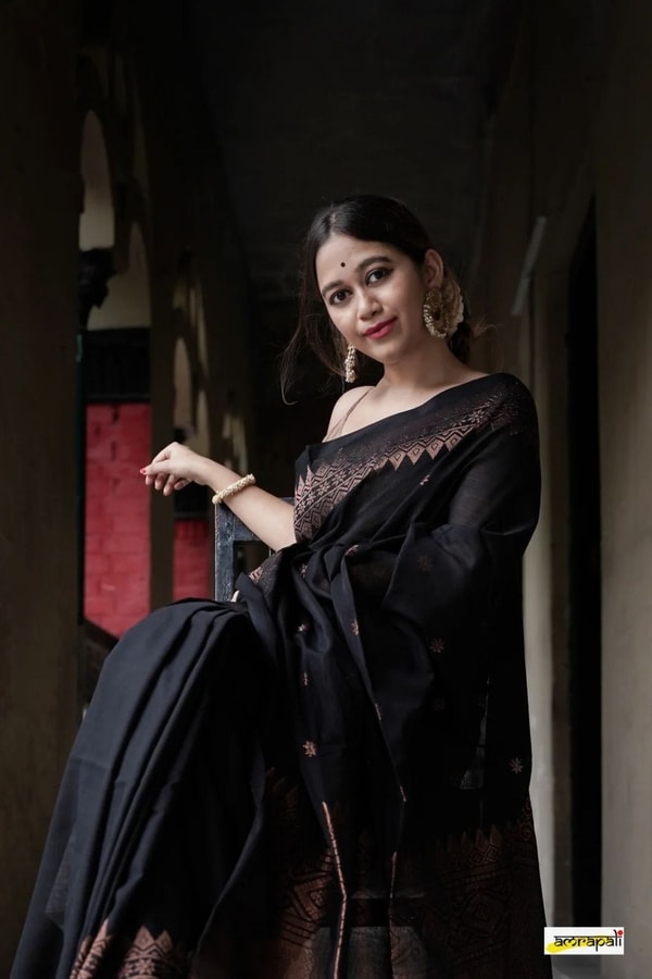 Black Banarasi Soft Silk Saree with Copper Zari Floral Buttis and Geometric Copper Pallu  in Surat