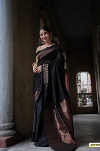 Black Banarasi Soft Silk Saree with Copper Zari Floral Buttis and Geometric Copper Pallu  in Surat