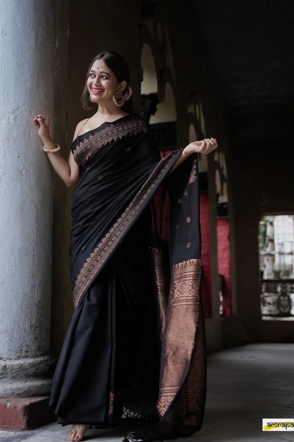 Black Banarasi Soft Silk Saree with Copper Zari Floral Buttis and Geometric Copper Pallu  in Surat