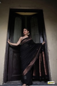 Black Banarasi Soft Silk Saree with Copper Zari Floral Buttis and Geometric Copper Pallu  in Surat