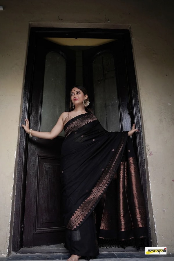 Black Banarasi Soft Silk Saree with Copper Zari Floral Buttis and Geometric Copper Pallu  in Surat