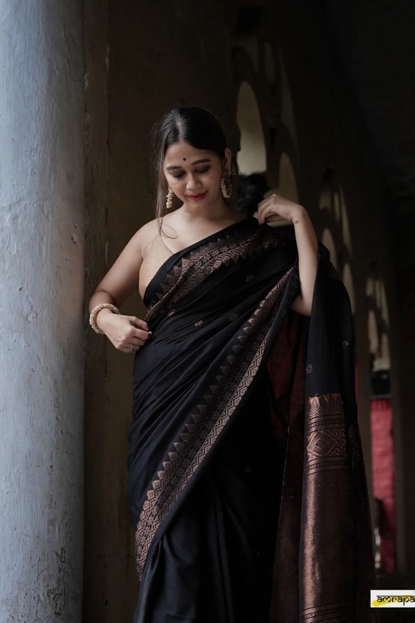 Black Banarasi Soft Silk Saree with Copper Zari Floral Buttis and Geometric Copper Pallu  in Surat