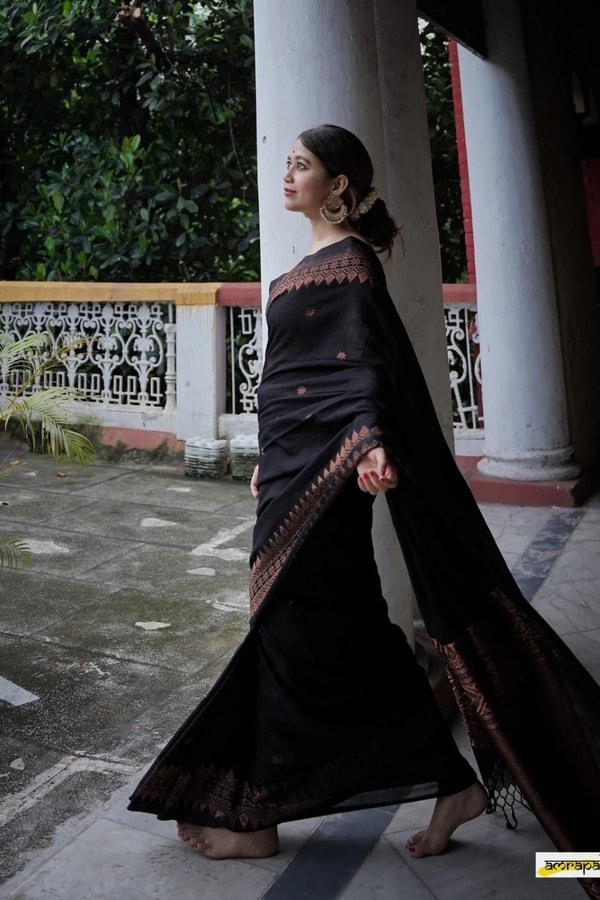 Black Banarasi Soft Silk Saree with Copper Zari Floral Buttis and Geometric Copper Pallu  in Surat