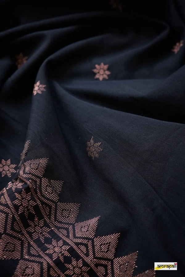 Black Banarasi Soft Silk Saree with Copper Zari Floral Buttis and Geometric Copper Pallu  in Surat