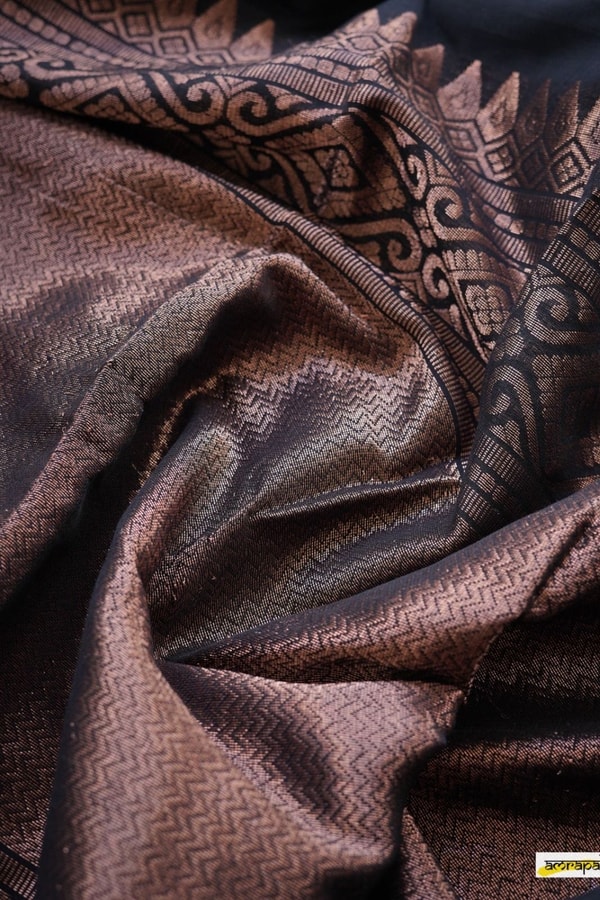 Black Banarasi Soft Silk Saree with Copper Zari Floral Buttis and Geometric Copper Pallu  in Surat