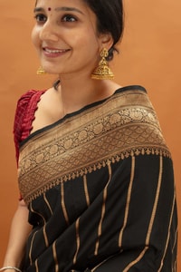 Black Banarasi Soft Silk Saree with Copper Zari Pinstripes and Broad Copper Brocade Border  in Surat
