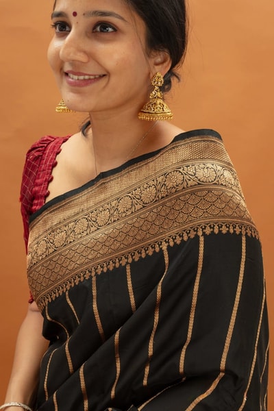 Black Banarasi Soft Silk Saree with Copper Zari Pinstripes and Broad Copper Brocade Border in Surat