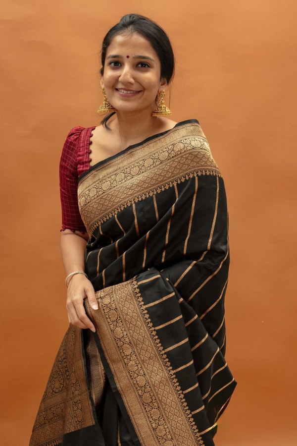 Black Banarasi Soft Silk Saree with Copper Zari Pinstripes and Broad Copper Brocade Border  in Surat